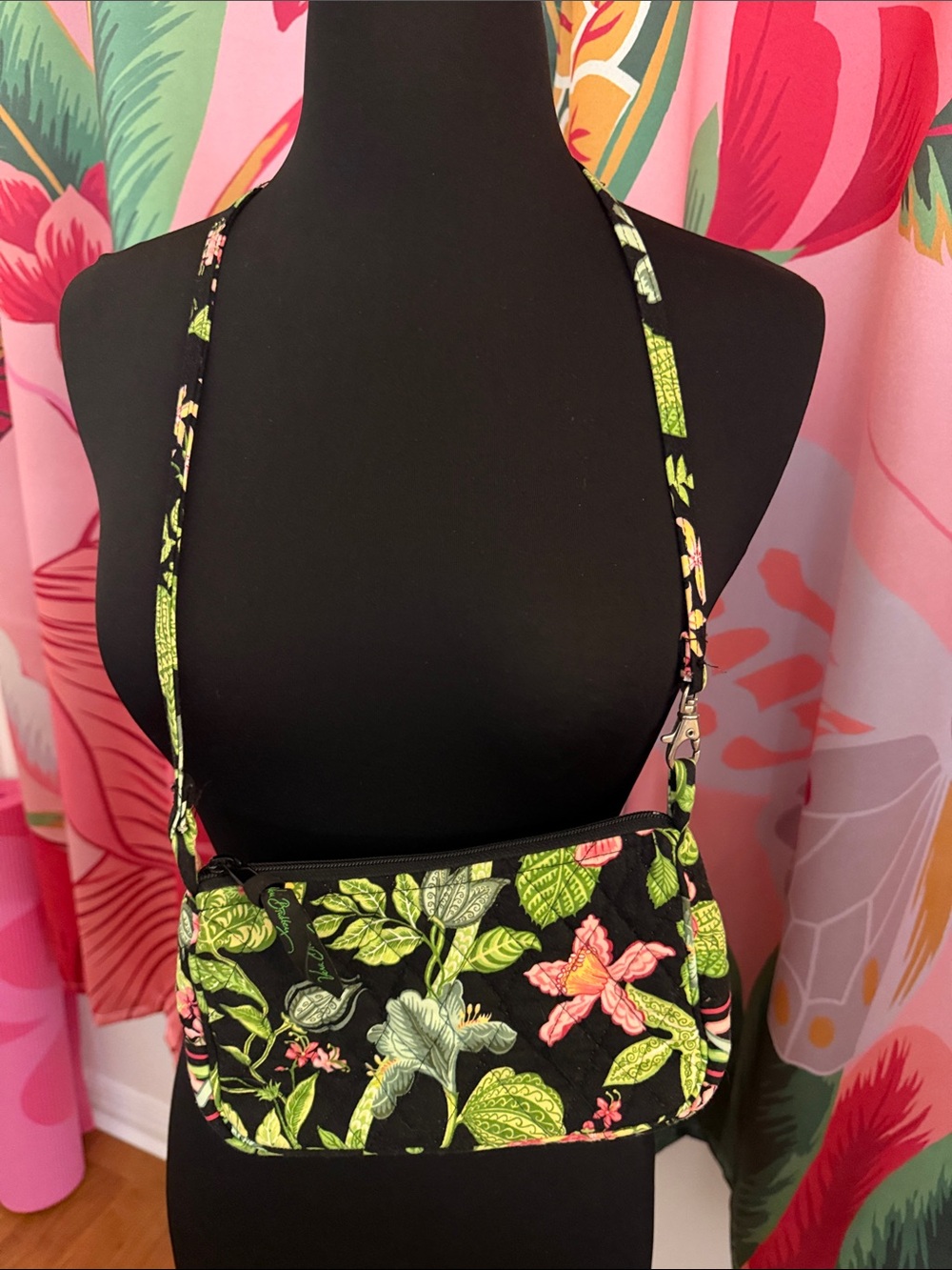 Vera Bradley Black Crossbody with Neon Green and Pink Botanical Print